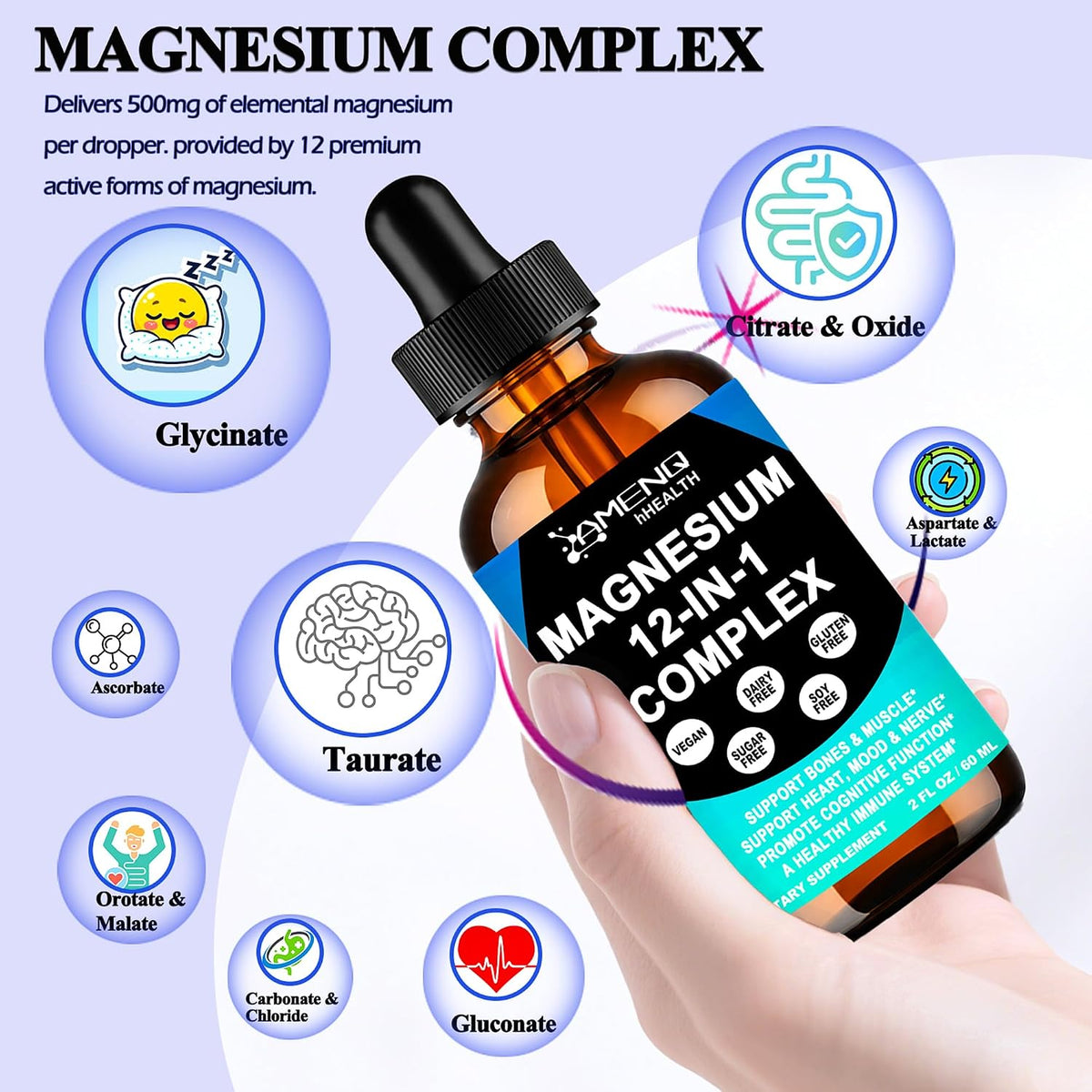 Magnesium Complex for Women & Men, Magnesium 12 in 1 Liquid Supplement, 2Oz